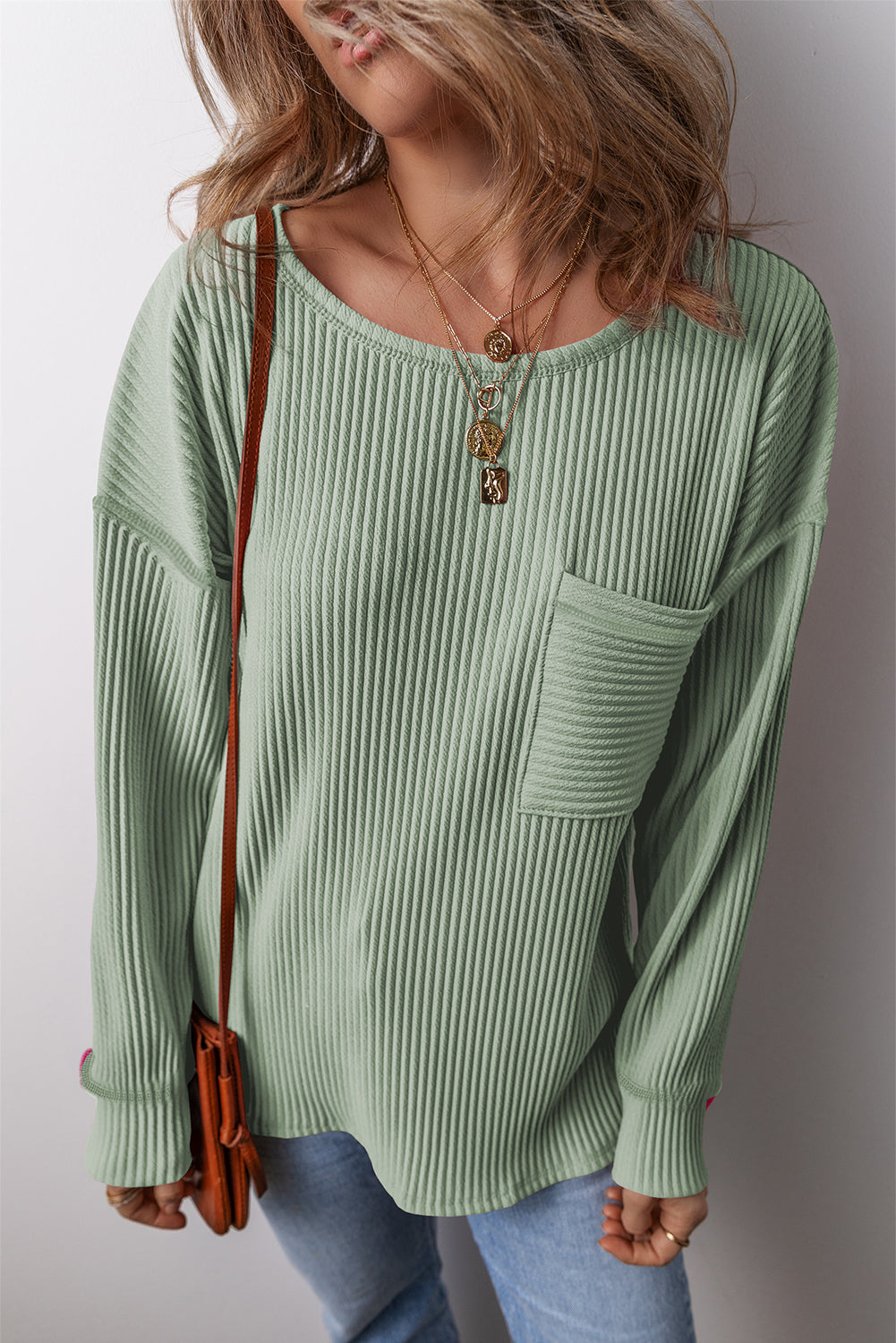 Clearly Aqua Solid Color Corded Drop Shoulder Long Sleeve Top Long Sleeve Tops JT's Designer Fashion