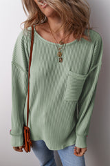 Clearly Aqua Solid Color Corded Drop Shoulder Long Sleeve Top Long Sleeve Tops JT's Designer Fashion