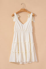 Oatmeal Solid Color Tied Straps Ruffle Tiered Mini Dress Mini Dresses JT's Designer Fashion