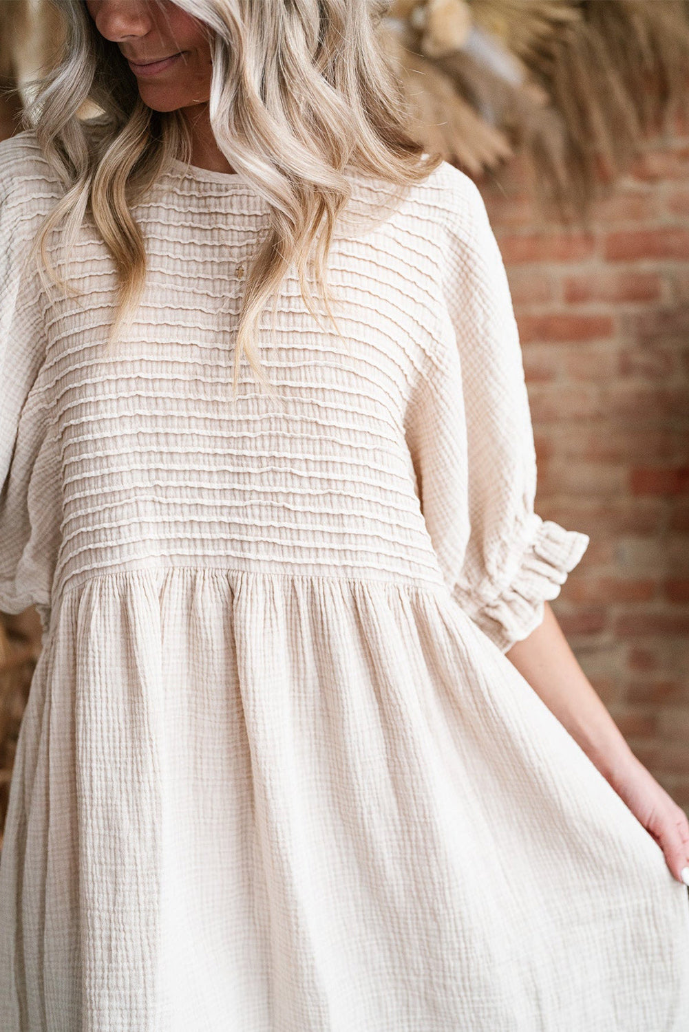 White Textured Ruffled Puff Sleeve Loose Dress Mini Dresses JT's Designer Fashion