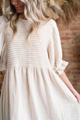 White Textured Ruffled Puff Sleeve Loose Dress Mini Dresses JT's Designer Fashion