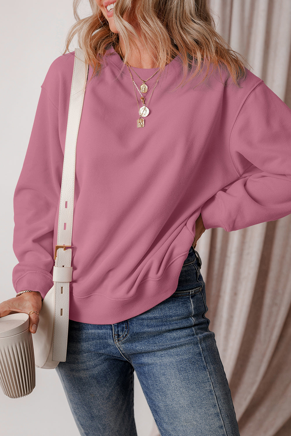 Meadow Mauve Solid Fleece Lined Drop Shoulder Terry Sweatshirt Sweatshirts & Hoodies JT's Designer Fashion