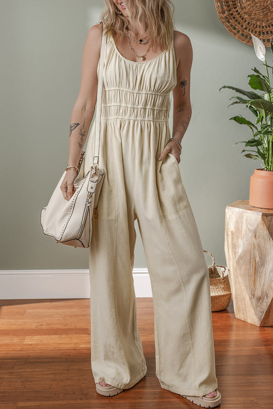 Beige Ruched High Waist Sleeveless Wide Leg Jumpsuit Jumpsuits & Rompers JT's Designer Fashion