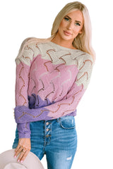 Pink Color Block Hollow Knitted Loose Sweater Sweaters JT's Designer Fashion