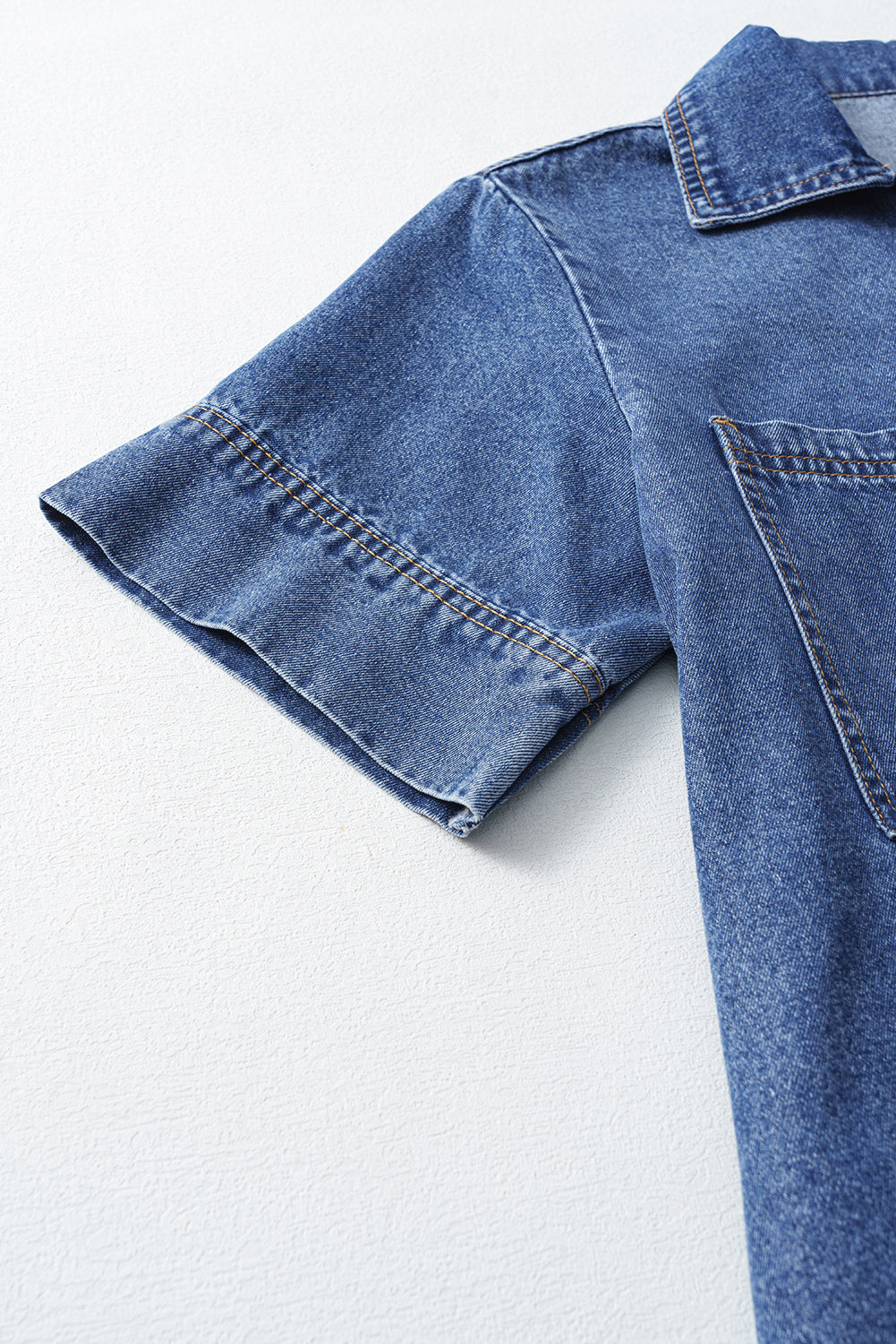 Blue Short Sleeve Collared Patched Pocket Denim Mini Dress Mini Dresses JT's Designer Fashion
