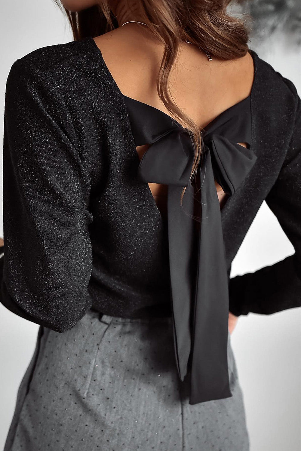 Black Metallic Bowknot Open Back V Neck Top Long Sleeve Tops JT's Designer Fashion