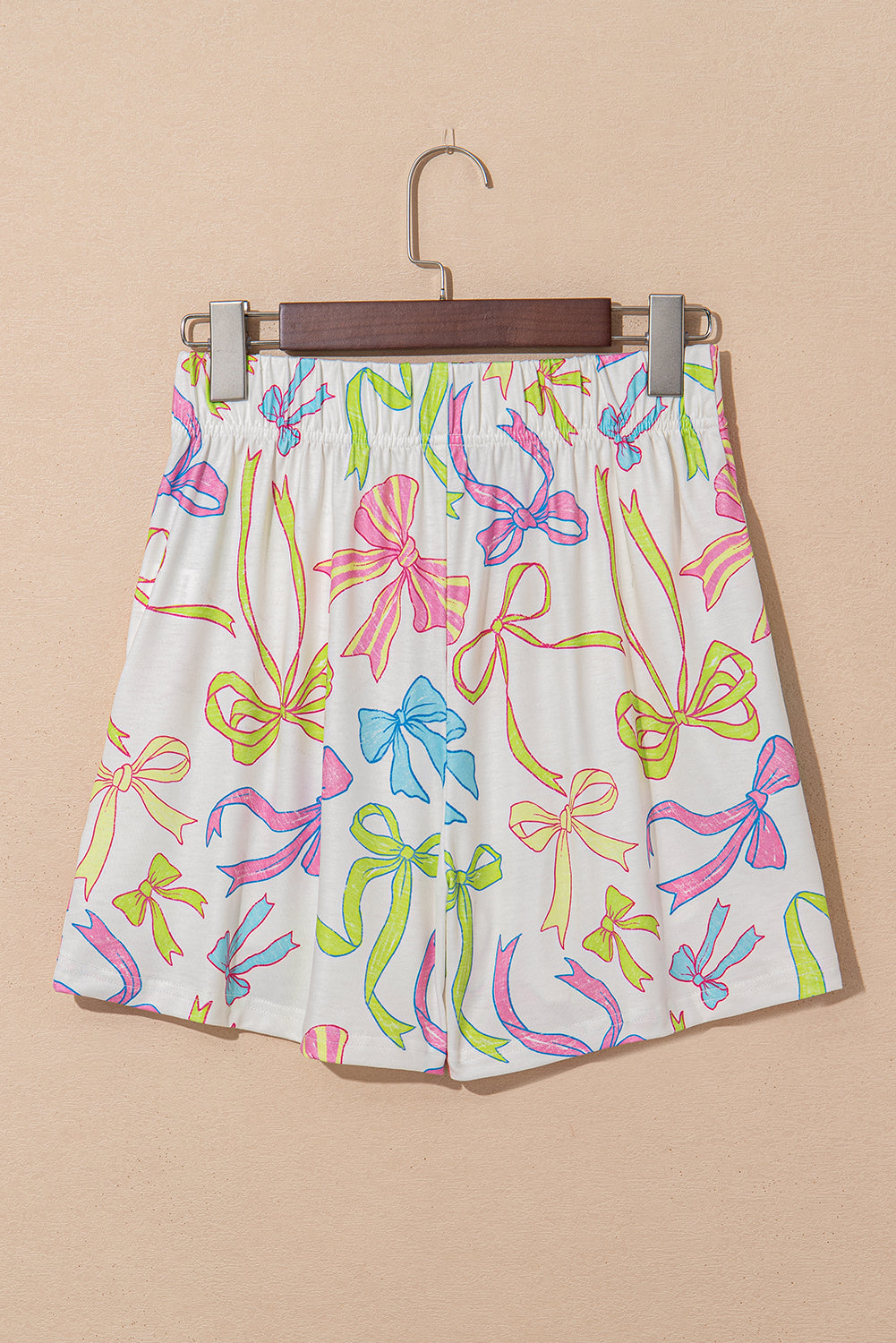 White Cheerful Bow Print Elastic Pull On Casual Shorts Casual Shorts JT's Designer Fashion