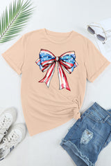Khaki American Flag Bow Knot Print Round Neck T Shirt Graphic Tees JT's Designer Fashion