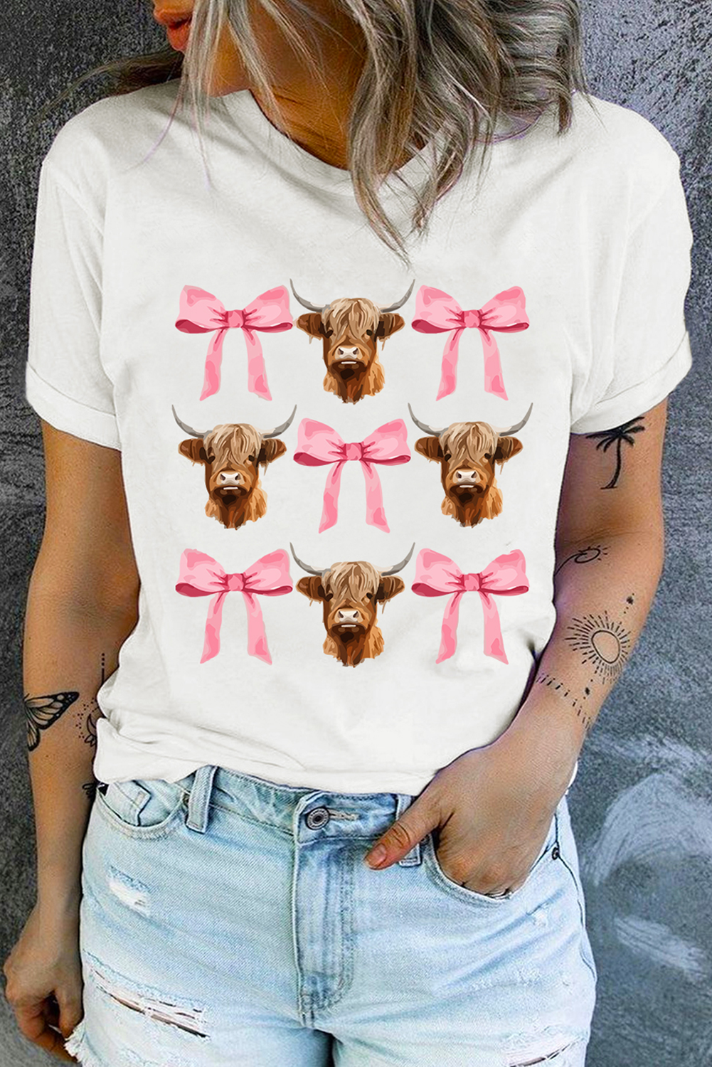 White Coquette Highland Cow Png Bows Graphic Tee Graphic Tees JT's Designer Fashion