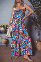 Pink Floral Smocked Bust Spaghetti Straps Wide Leg Jumpsuit Jumpsuits & Rompers JT's Designer Fashion