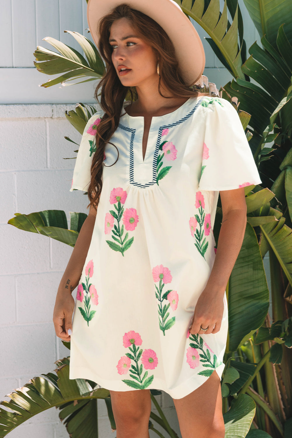 Apricot Floral Short Sleeve Split Neck Loose Mini Dress Floral Dresses JT's Designer Fashion