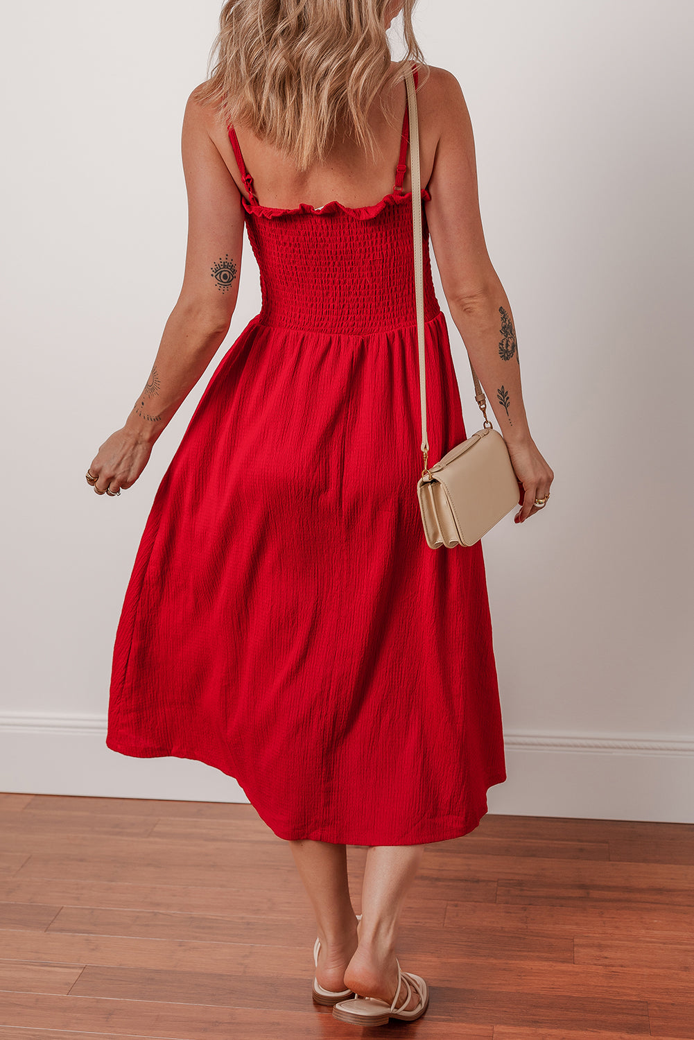 Racing Red Textured Shirred Ruffled Trim Spaghetti Strap Midi Dress Midi Dresses JT's Designer Fashion
