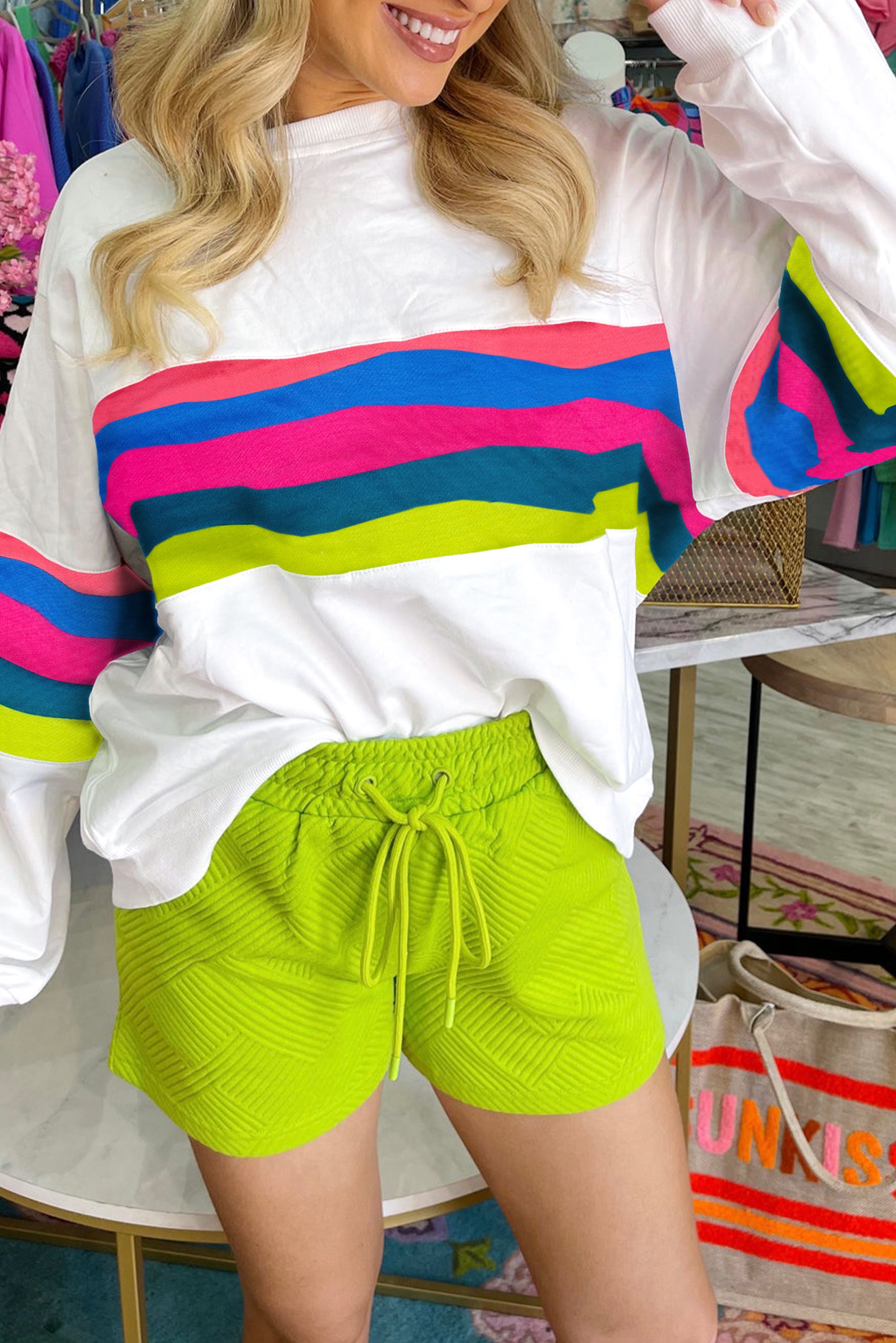 White Colorful Striped Accent Long Sleeve T Shirt Long Sleeve Tops JT's Designer Fashion