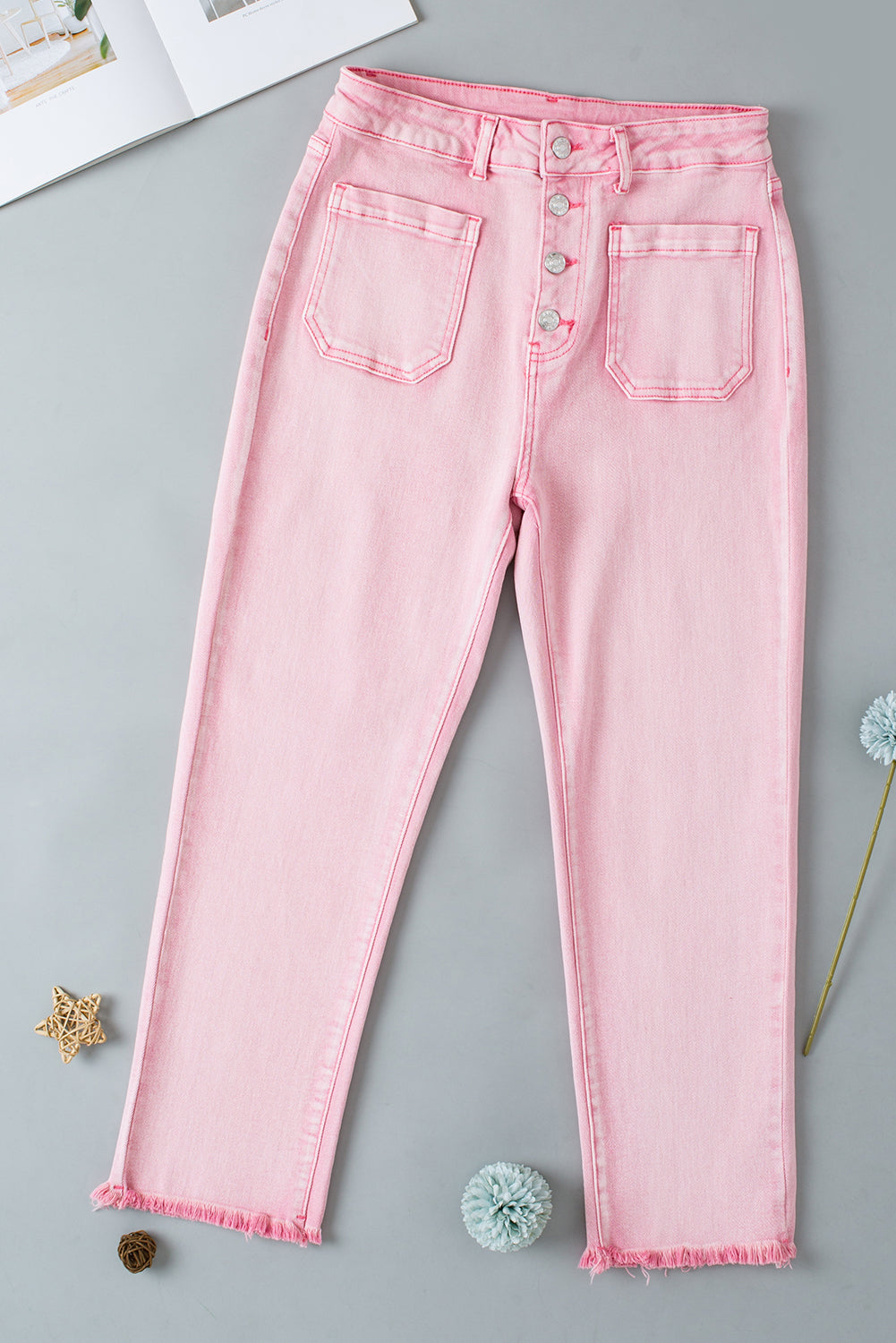 Apricot Pink Multi Buttons Raw Edge Crop Jeans Jeans JT's Designer Fashion