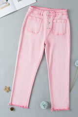 Apricot Pink Multi Buttons Raw Edge Crop Jeans Jeans JT's Designer Fashion