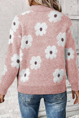 Pink Floral Pattern Half Zip Drop Shoulder Sweater Sweaters JT's Designer Fashion