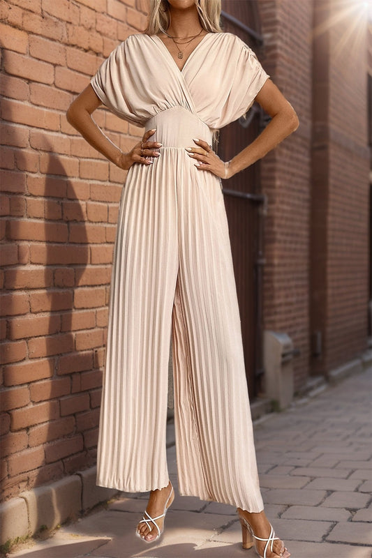 Pleated Short Sleeve Wide Leg Jumpsuit Apricot Jumpsuits & Rompers JT's Designer Fashion
