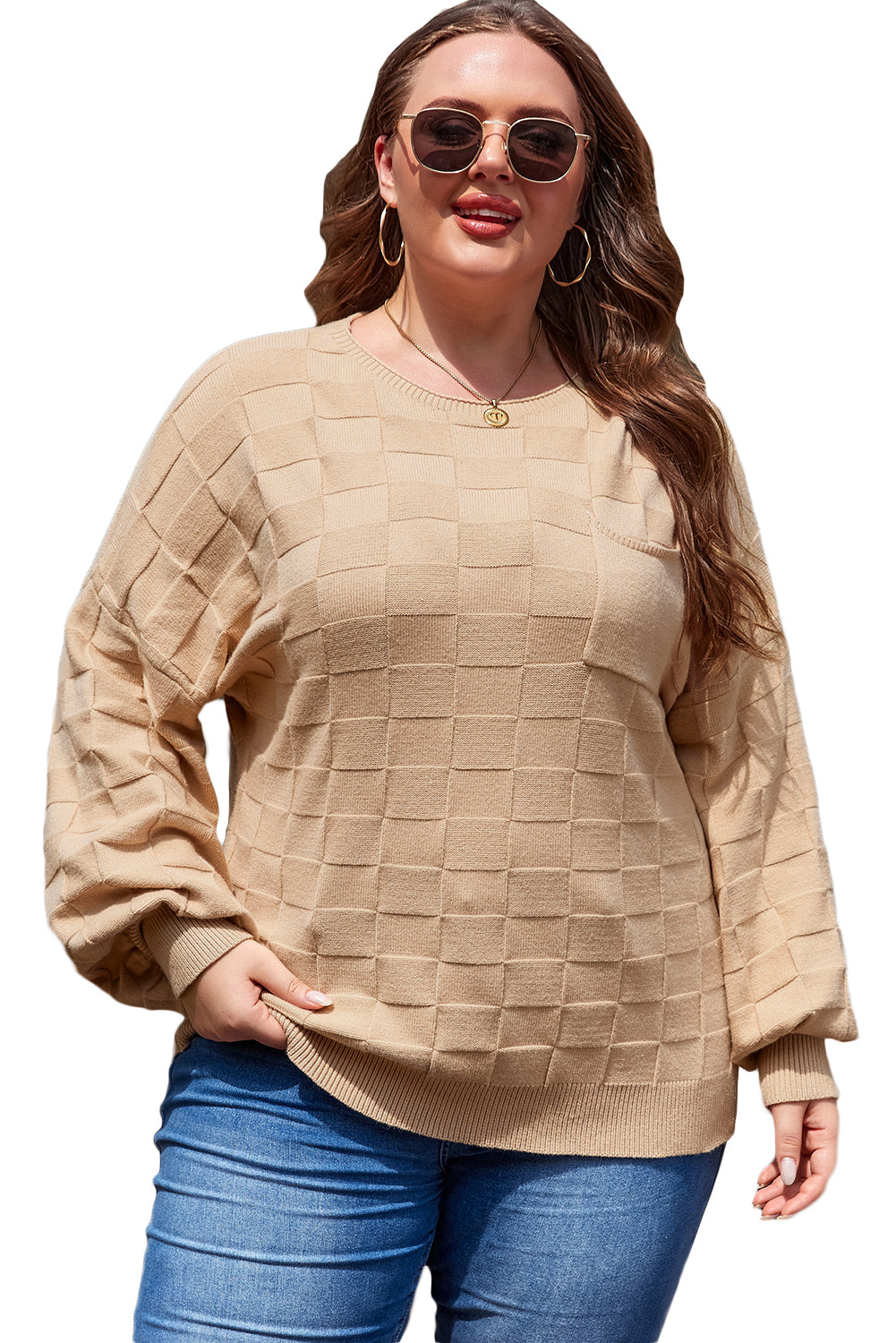 Light French Beige Solid Checkered Textured Knit Plus Size Sweater Plus Size Sweaters & Cardigans JT's Designer Fashion