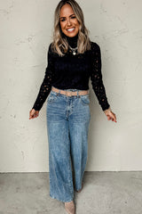 Black Flower Lace See Through Mock Neck Long Sleeve Top Long Sleeve Tops JT's Designer Fashion
