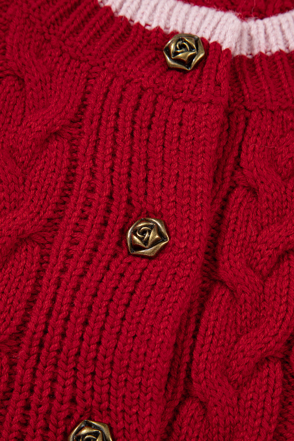 Racing Red Color Contrast Edge Cable Knit Buttoned Cardigan Cardigans JT's Designer Fashion