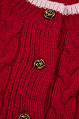 Racing Red Color Contrast Edge Cable Knit Buttoned Cardigan Cardigans JT's Designer Fashion