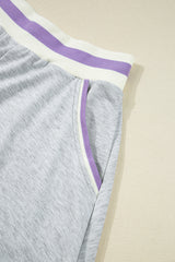 Light Grey Contrast Striped Bands Cropped Pullover and Athletic Short Set Short Sets JT's Designer Fashion
