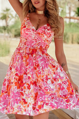 Red Floral Spaghetti Strap Surplice Neck Shirred Waist Mini Dress Red 100%Viscose Floral Dresses JT's Designer Fashion