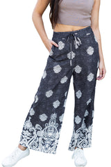 Black Bohemian Printed Drawstring Waist Wide Leg Pants Pants & Culotte JT's Designer Fashion