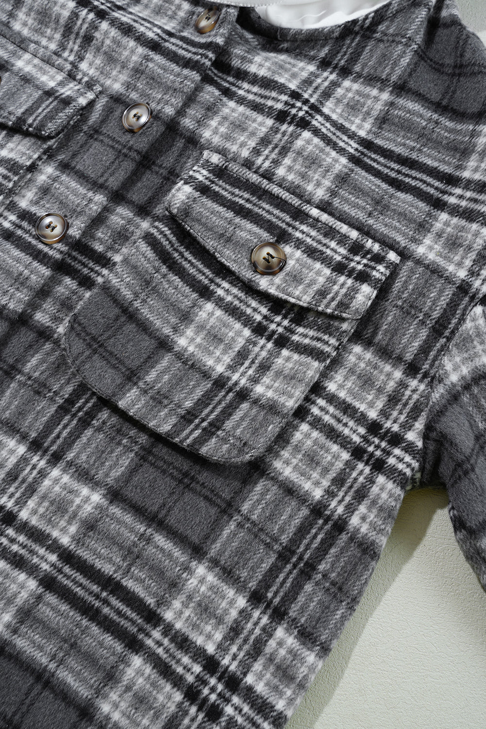 Black Plaid Print Flap Pockets Contrast Hooded Loose Shacket Plaid Shackets JT's Designer Fashion