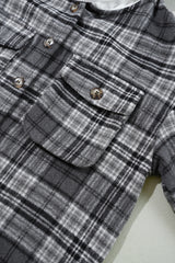 Black Plaid Print Flap Pockets Contrast Hooded Loose Shacket Plaid Shackets JT's Designer Fashion