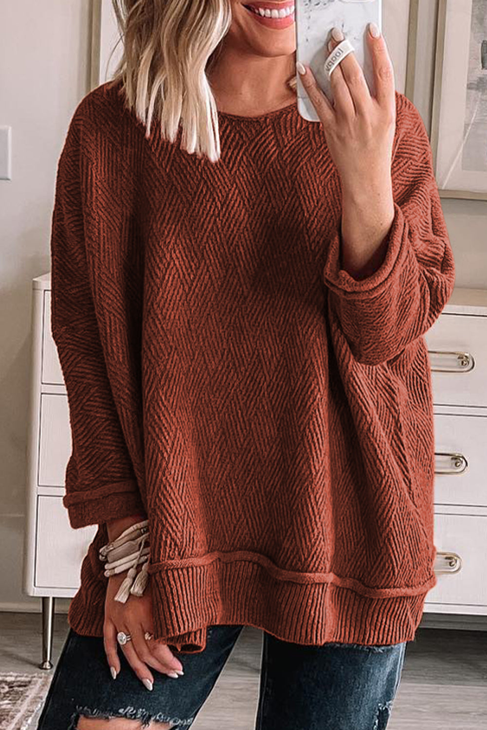 Gold Flame Solid Color Textured Crew Neck Loose Sweater Gold Flame 55%Acrylic+45%Cotton Sweaters JT's Designer Fashion