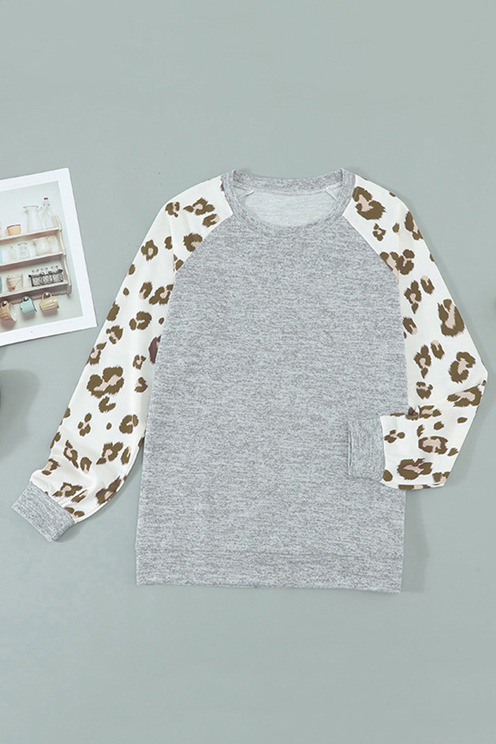 Gray Round Neck Leopard Long Sleeve Top Long Sleeve Tops JT's Designer Fashion
