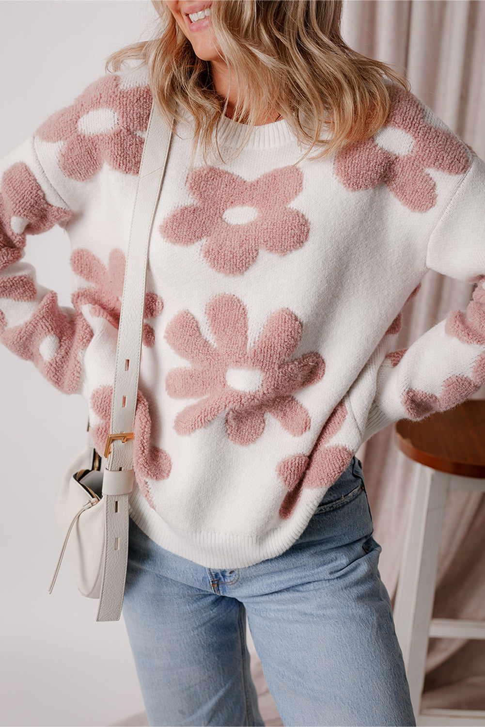 White Textured Flower Drop Shoulder Loose Sweater Sweaters JT's Designer Fashion