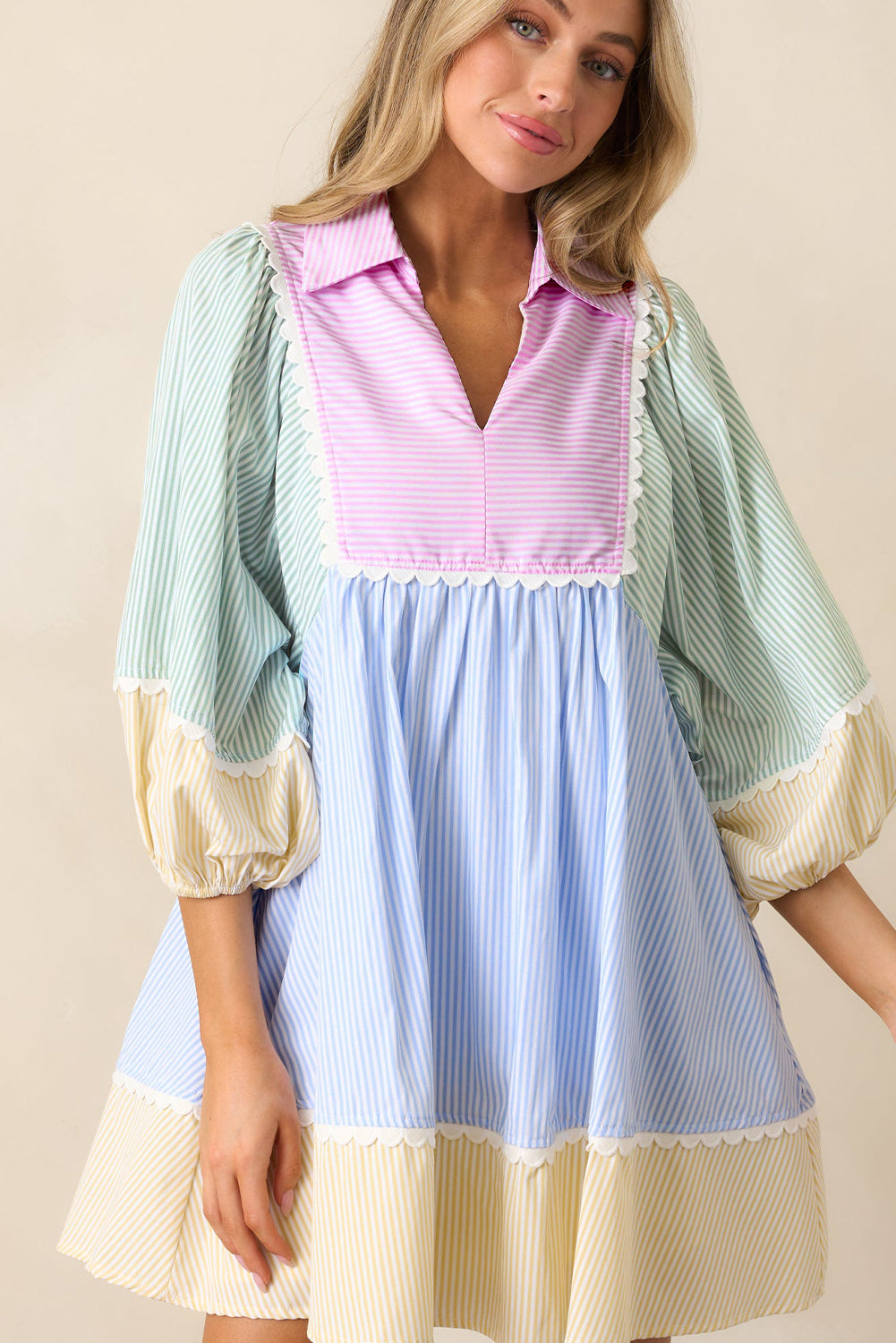 Multicolour Striped Patchwork Ric Rac Puff Sleeve Collared Mini Dress Mini Dresses JT's Designer Fashion
