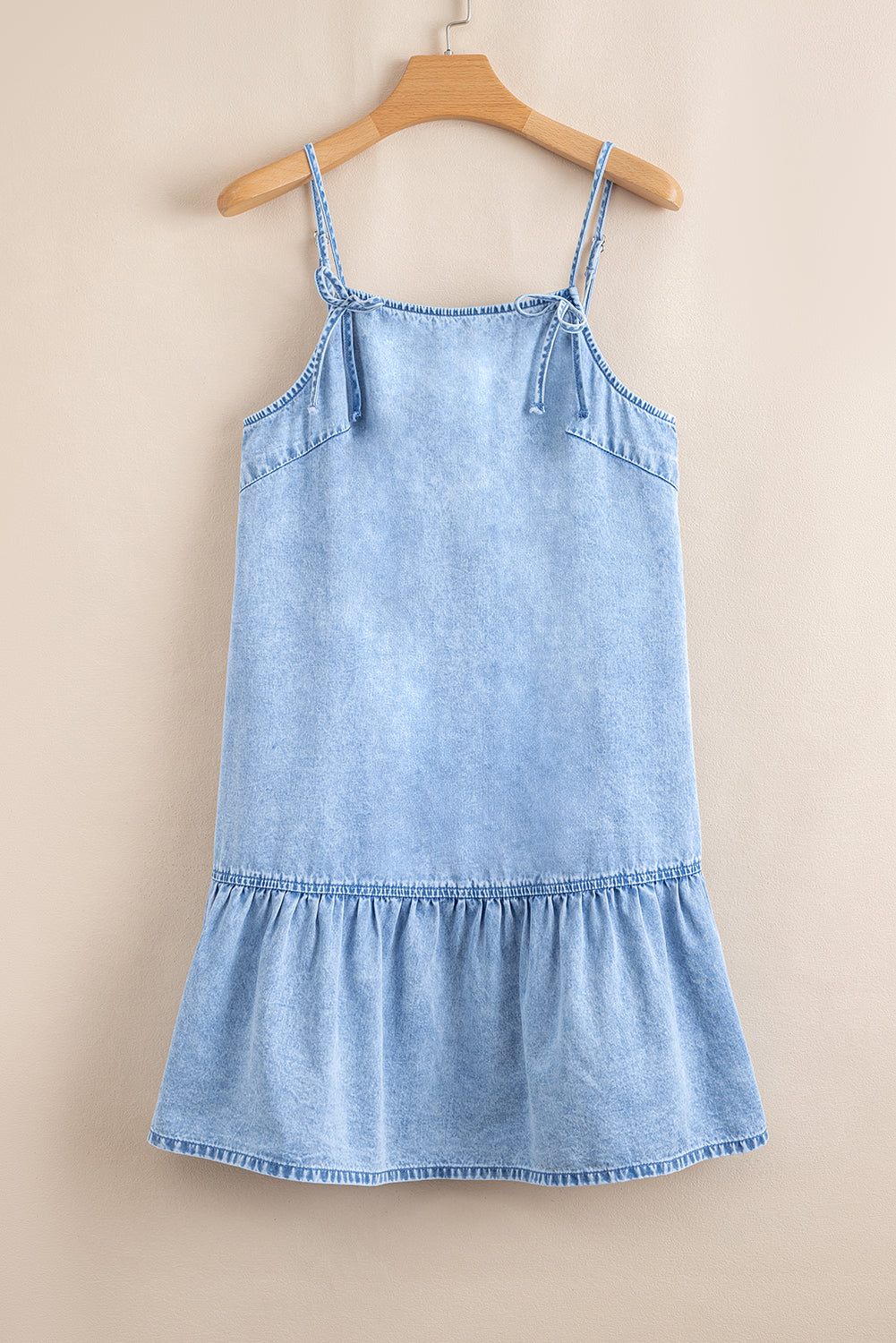 Beau Blue Bow Detail Spaghetti Straps Ruffle Hem Denim Short Dress Mini Dresses JT's Designer Fashion