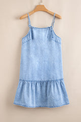 Beau Blue Bow Detail Spaghetti Straps Ruffle Hem Denim Short Dress Mini Dresses JT's Designer Fashion