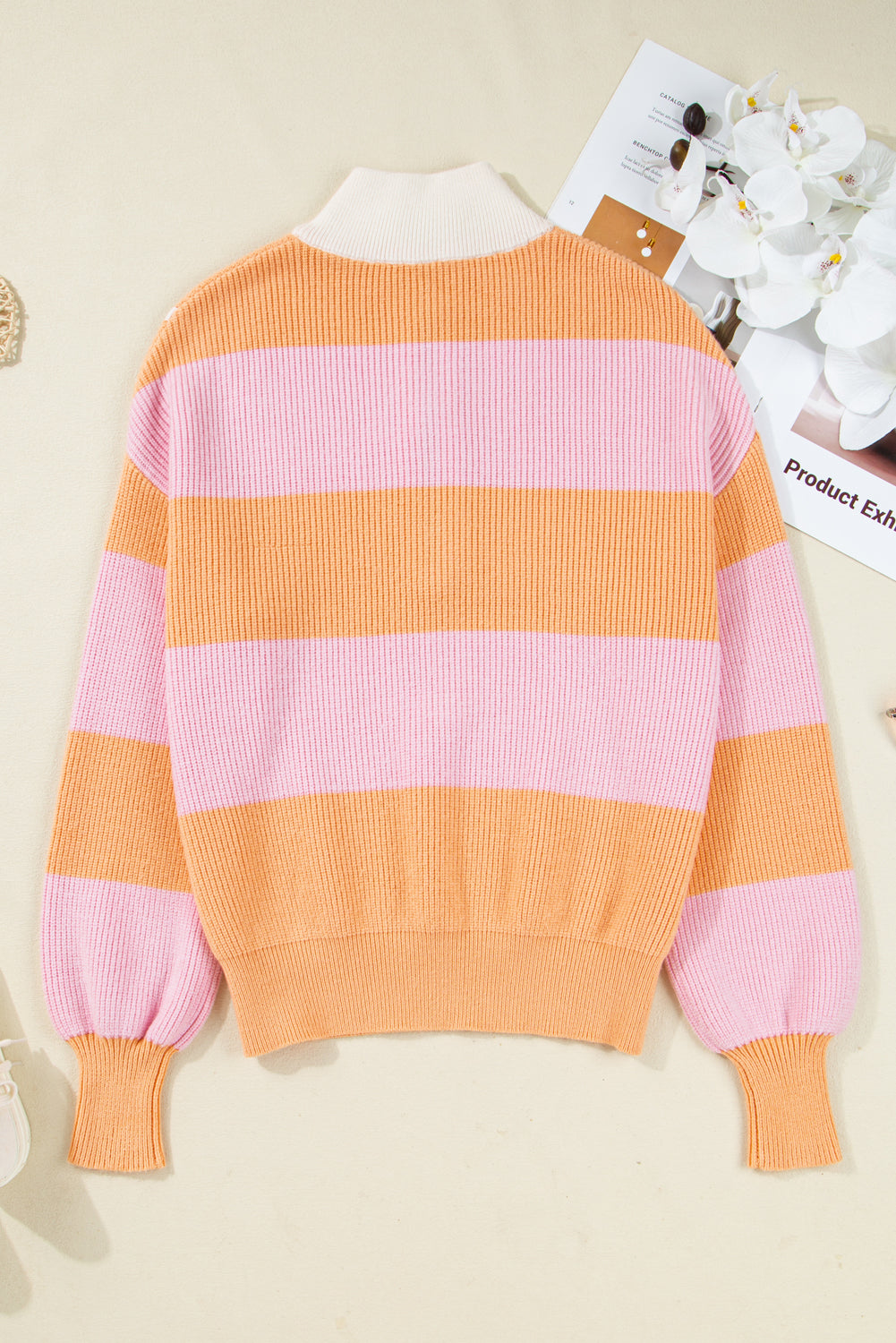 Orange Stripe Colorblock Half Zip Oversize Sweater Sweaters JT's Designer Fashion