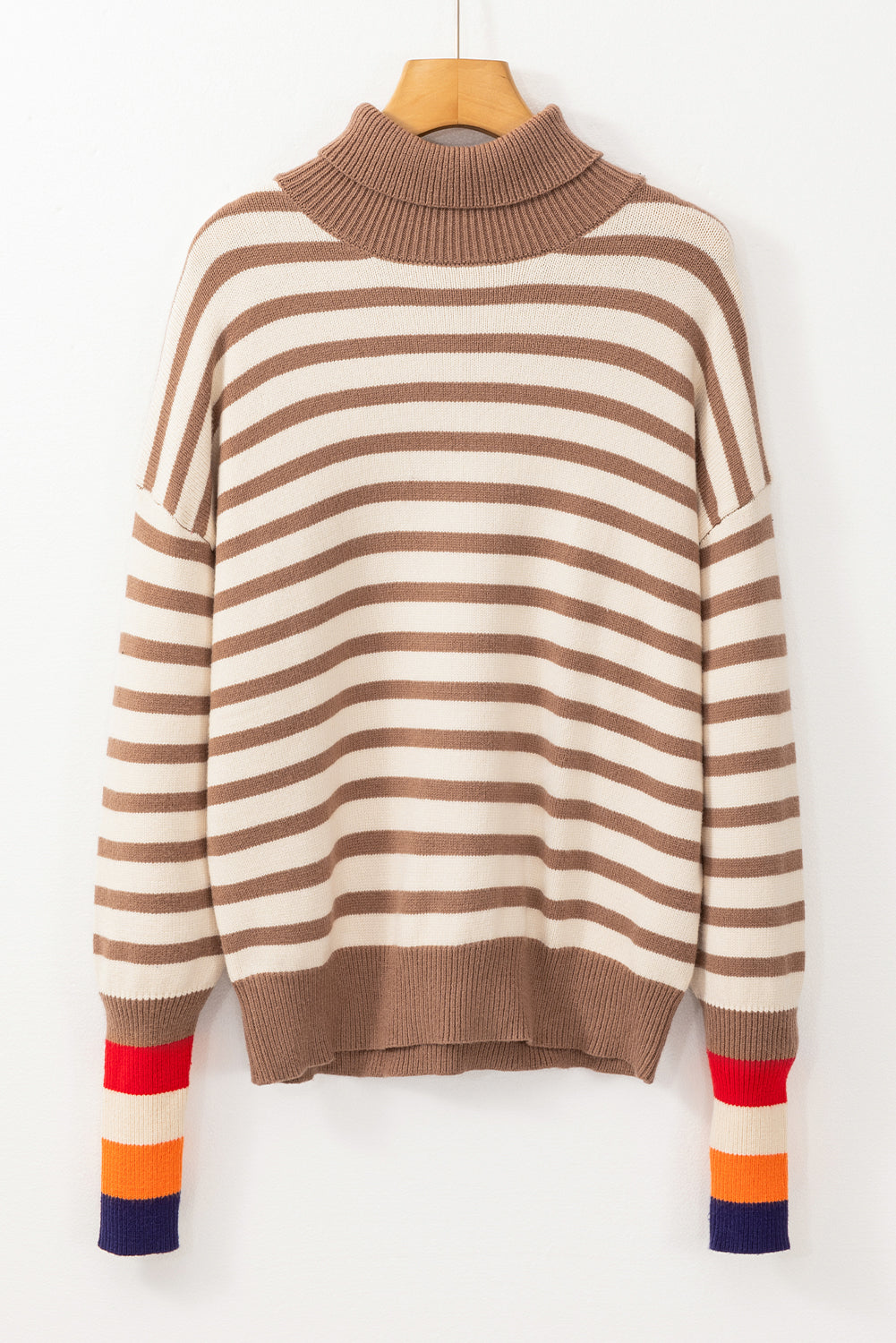 Brown Stripe Colorblock Bishop Sleeve Turtleneck Sweater Sweaters JT's Designer Fashion