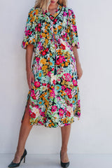 Green Floral Puff Sleeve V Neck Tassel Drawstring Dress Floral Dresses JT's Designer Fashion