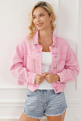 Pink Rivet Studded Pocketed Denim Jacket Denim Jackets JT's Designer Fashion