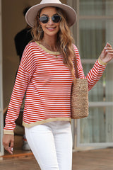 Fiery Red Contrast Trimmed Striped Drop Shoulder Sweater Sweaters JT's Designer Fashion