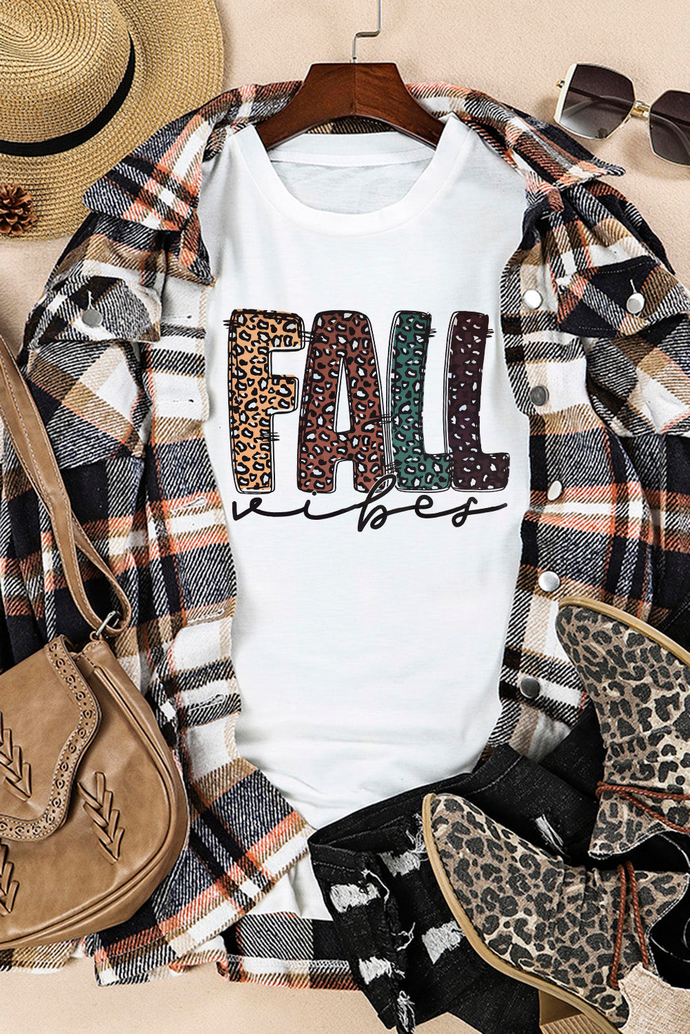 White FALL Vibe Leopard Print Crew Neck T Shirt Graphic Tees JT's Designer Fashion