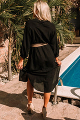 Black 3/4 Sleeve Button Up Long Kimono Kimonos JT's Designer Fashion