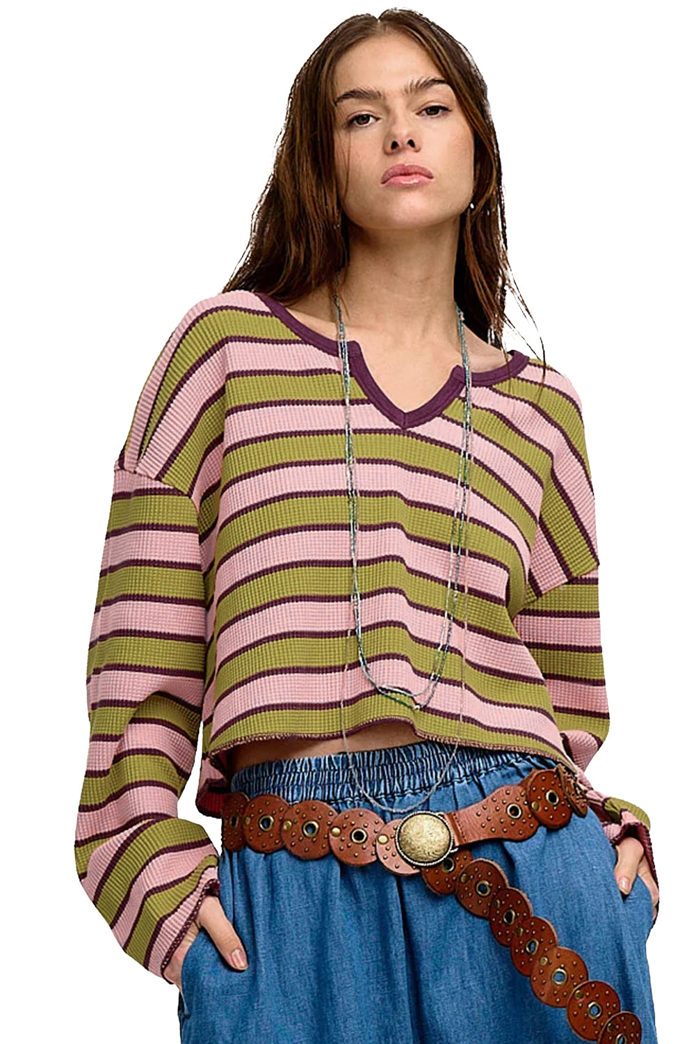 Spinach Green Clashing Stripes Waffle Texture Notched Neck Long Sleeve Top Long Sleeve Tops JT's Designer Fashion