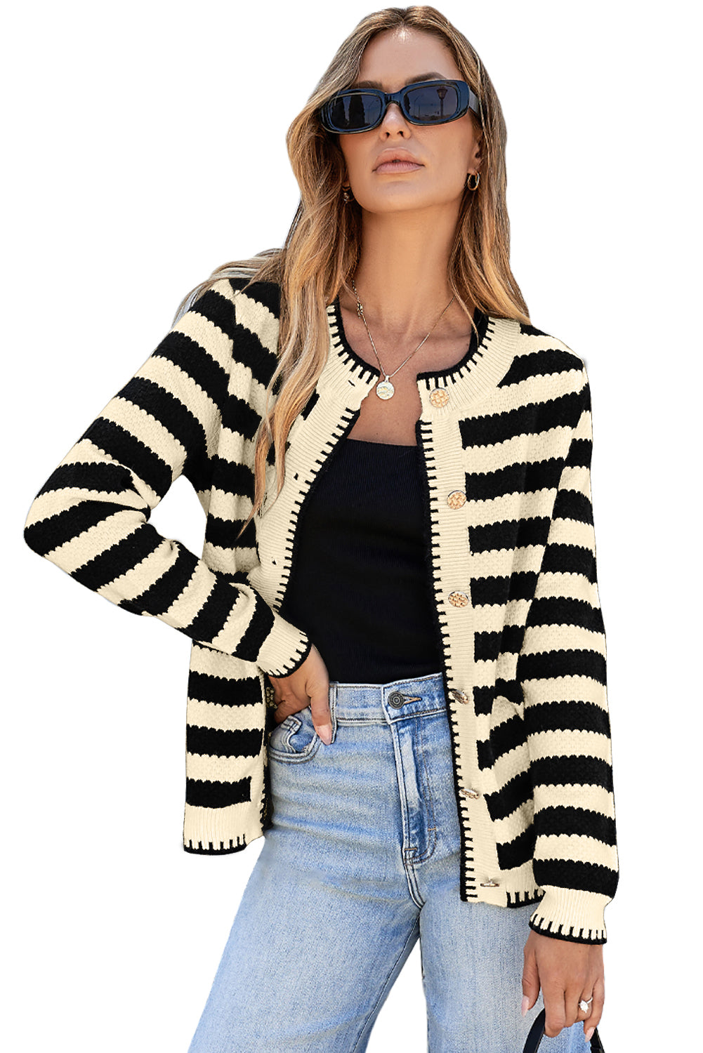 Apricot Stripe Chic Golden Button Cardigan Sweater Cardigans JT's Designer Fashion