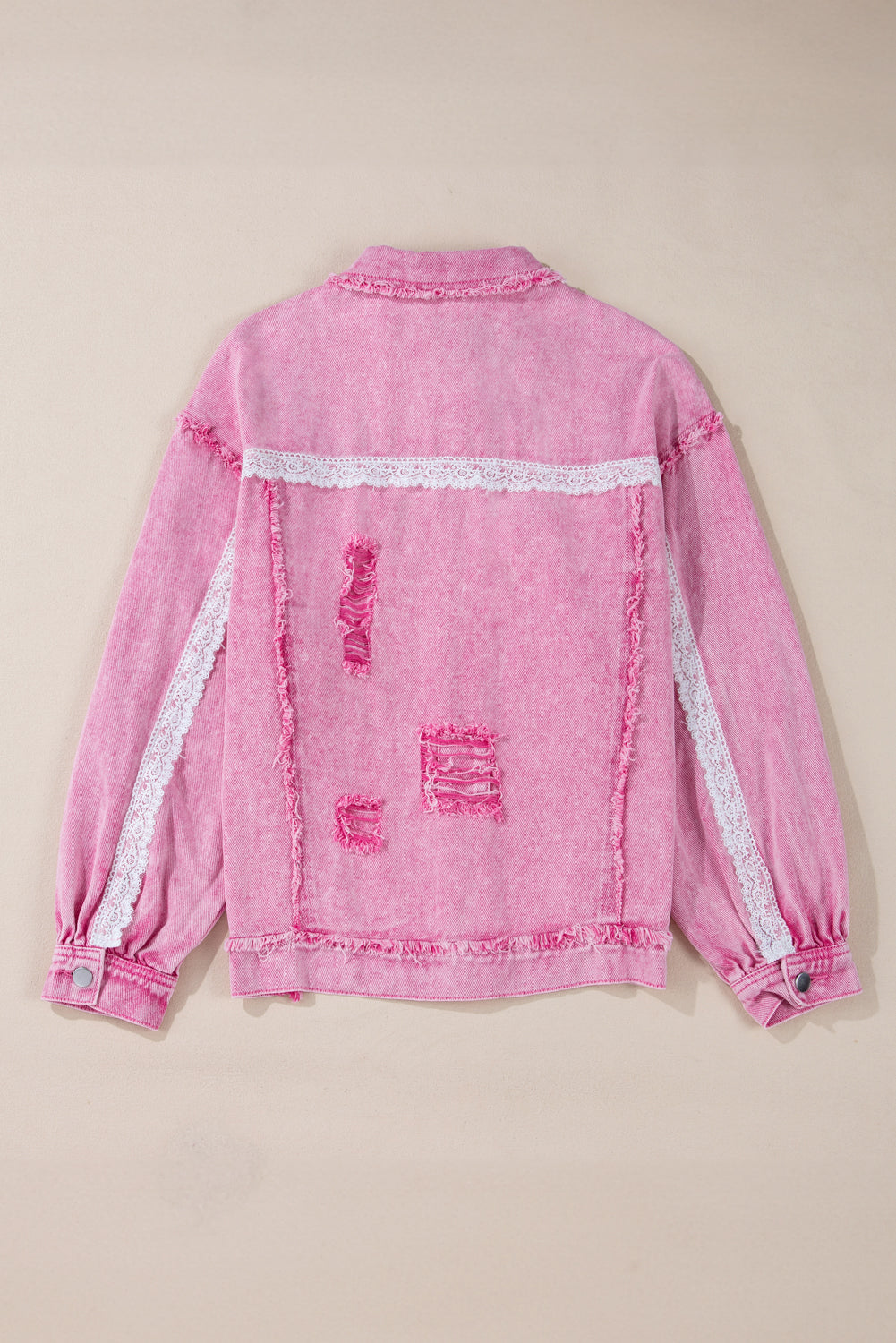 Pink Lace Patchwork Distressed Buttoned Denim Jacket Denim Jackets JT's Designer Fashion