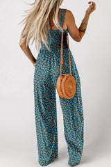 Green Floral Print Smocked High Waist Square Neck Jumpsuit Dresses JT's Designer Fashion