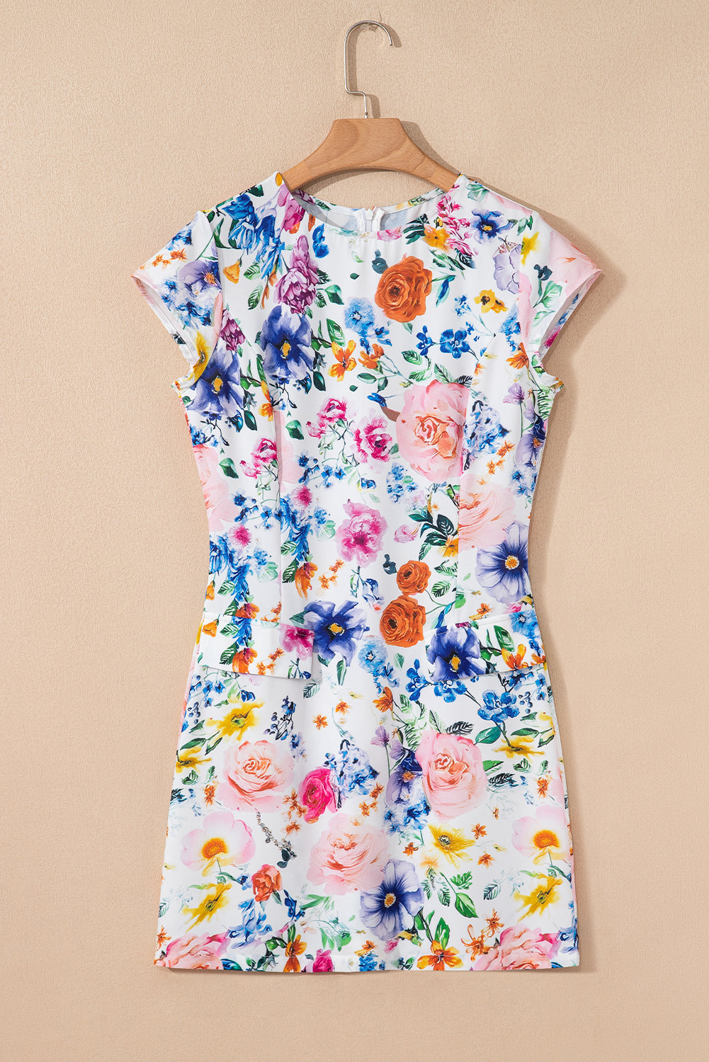 Sky Blue Vibrant Floral Print Cap Sleeve Mini Dress Floral Dresses JT's Designer Fashion