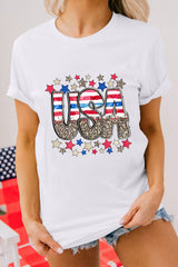White Patriotic Star Leopard USA Letter Graphic T Shirt Graphic Tees JT's Designer Fashion