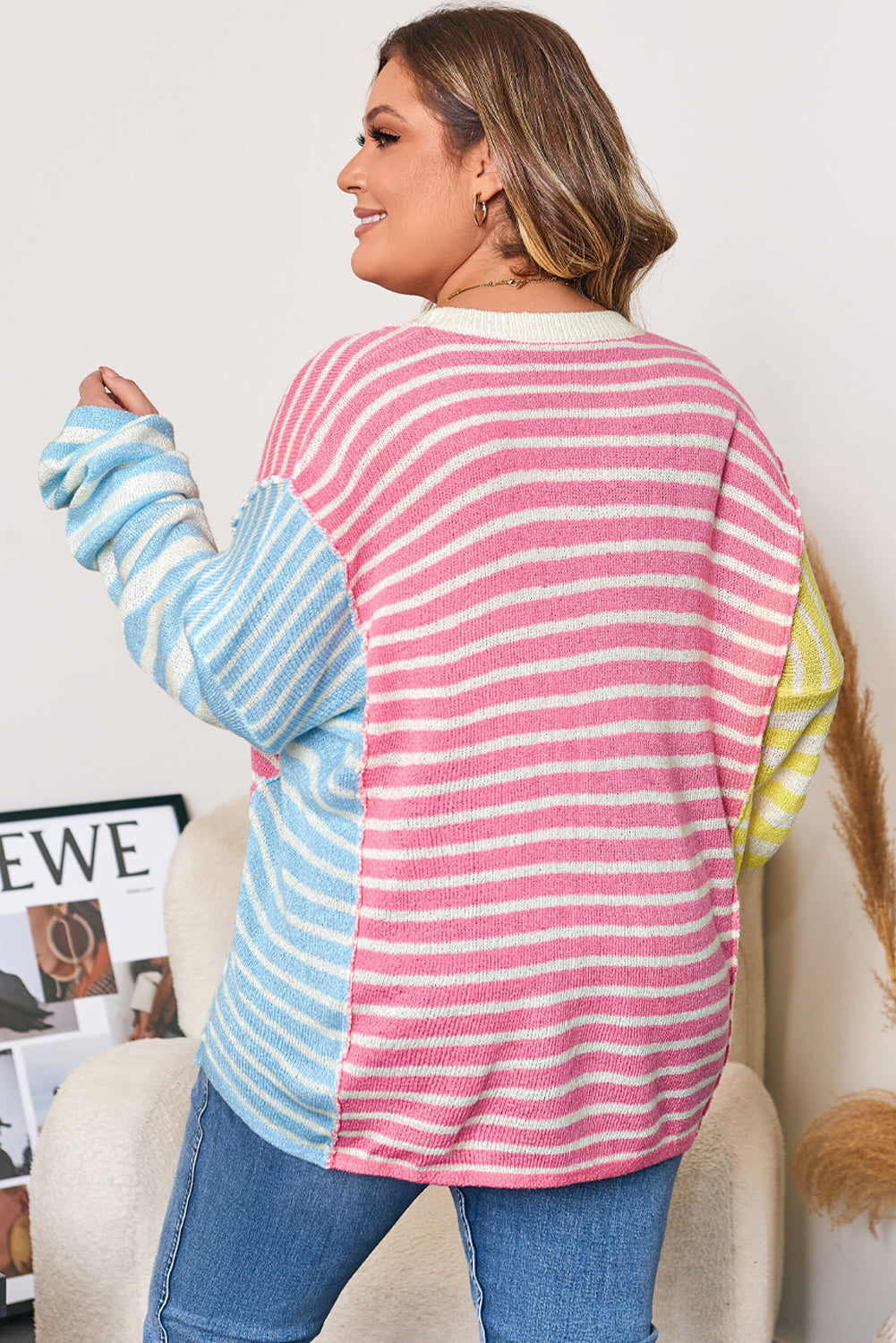 Multicolour Striped Exposed Seam Colorblock Patchwork Plus Size Sweater Plus Size Sweaters & Cardigans JT's Designer Fashion